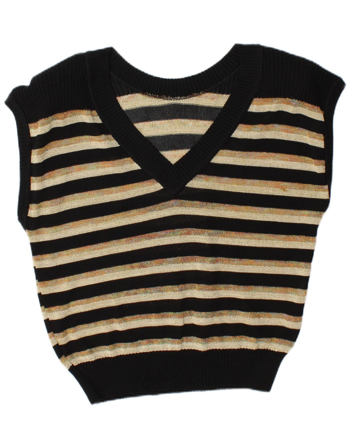 VINTAGE Womens Vest Tank Top UK 16 Large Black Striped Cotton