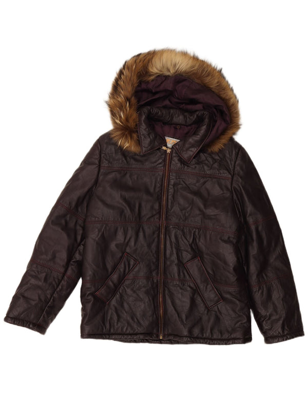 VINTAGE Womens Hooded Leather Jacket UK 16 Large Maroon