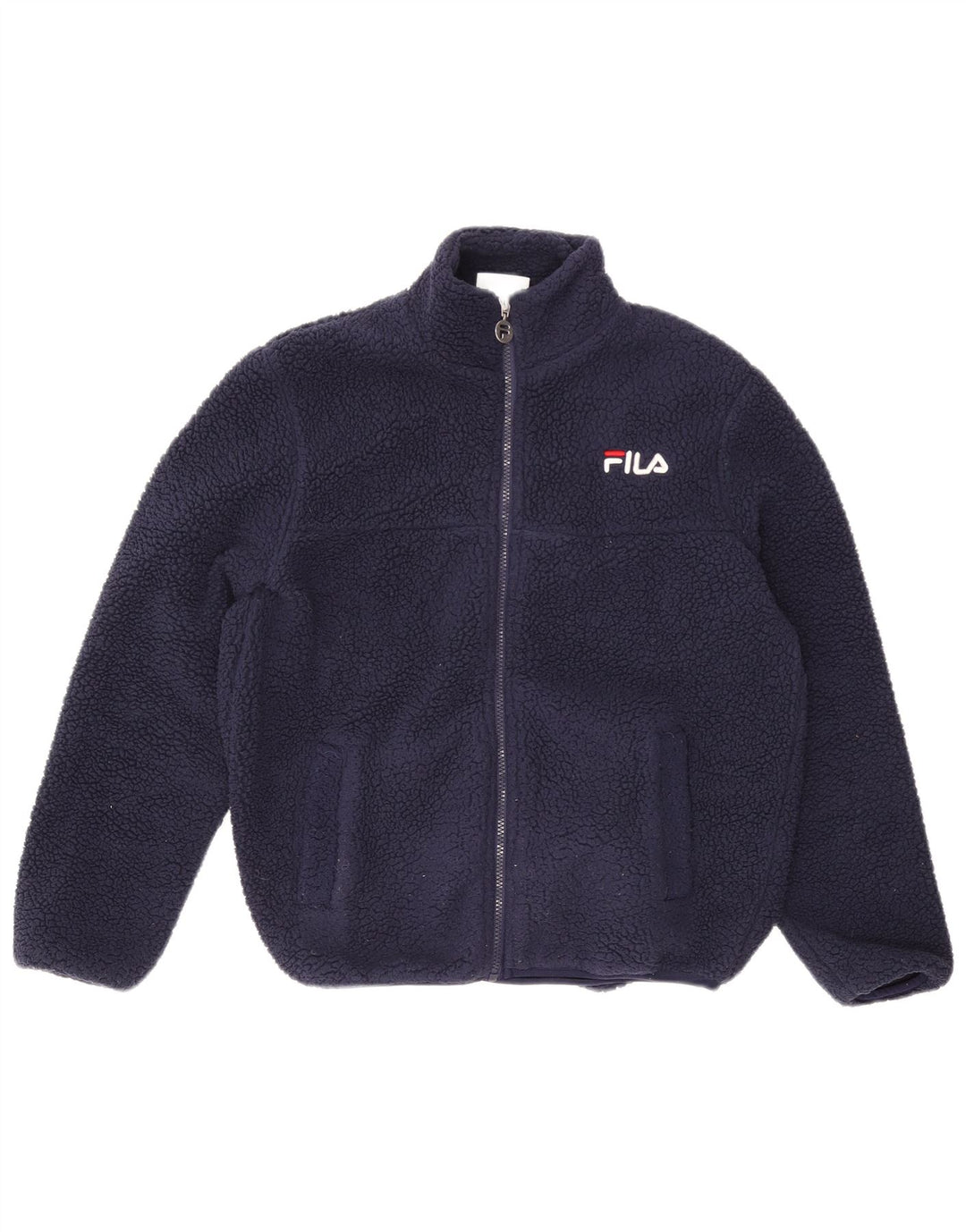 FILA Womens Oversized Graphic Fleece Jacket UK 6 XS Navy Blue Polyester