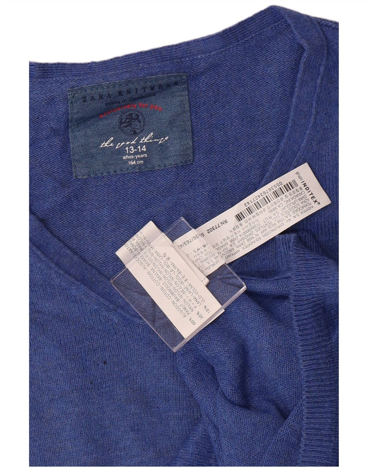 ZARA Boys V-Neck Jumper Sweater 13-14 Years Blue Cotton
