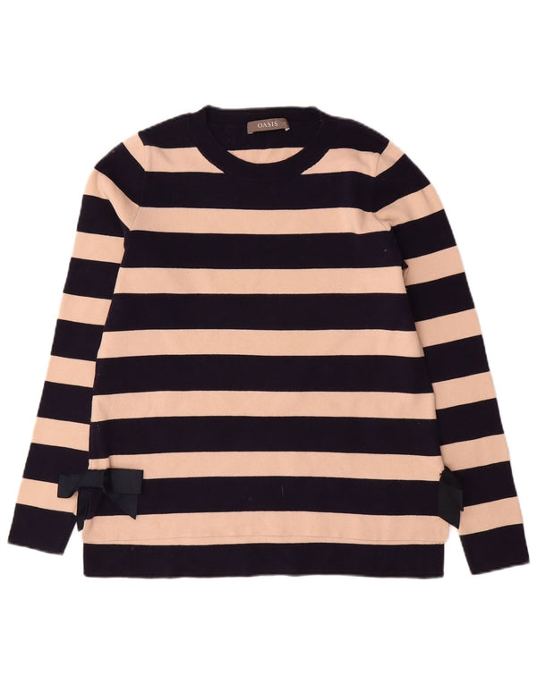 Oasis Womens Crew Neck Jumper Sweater UK 12 Medium Navy Blue Striped Cotton