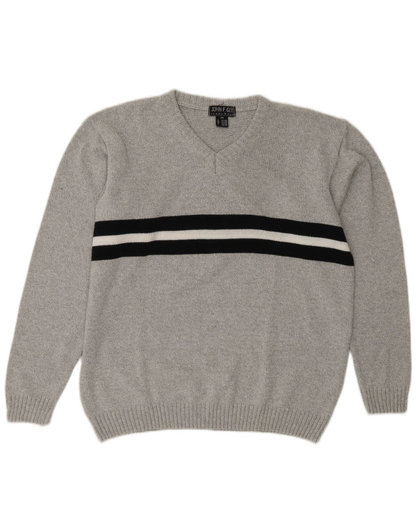 John F Gee Mens V-Neck Jumper Sweater UK 40/42 Medium Grey Colourblock