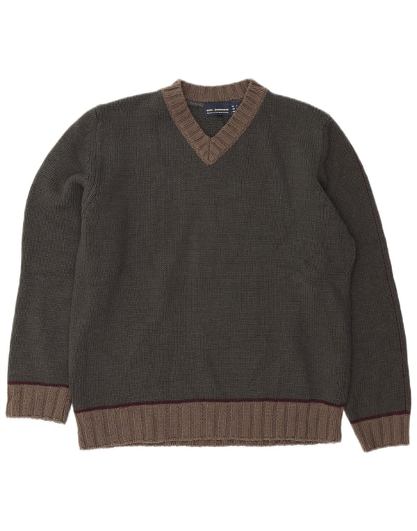 ZARA Mens V-Neck Jumper Sweater Medium Khaki Colourblock Acrylic