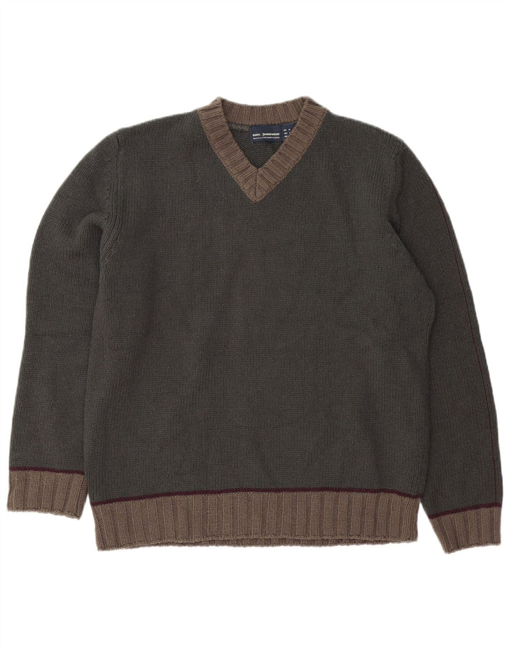 ZARA Mens V-Neck Jumper Sweater Medium Khaki Colourblock Acrylic