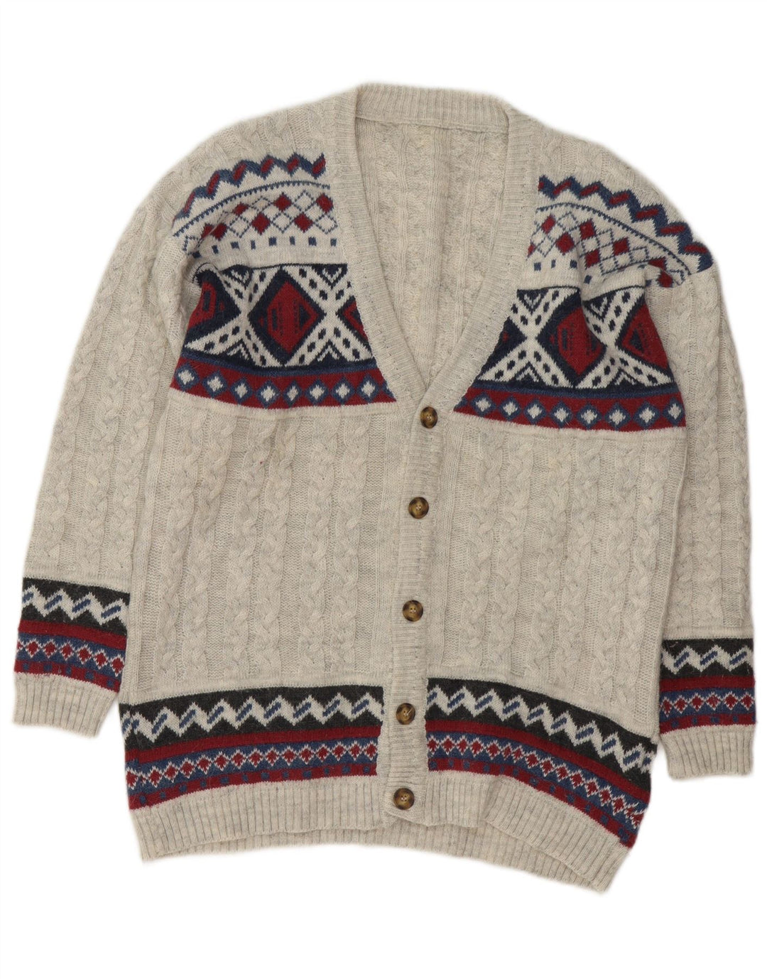 VINTAGE Mens Cardigan Sweater Medium Grey Fair Isle