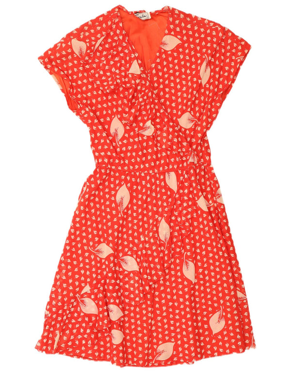 Vintage Womens Ruffle Front A-Line Dress ITB 44 Medium Red Floral Retro