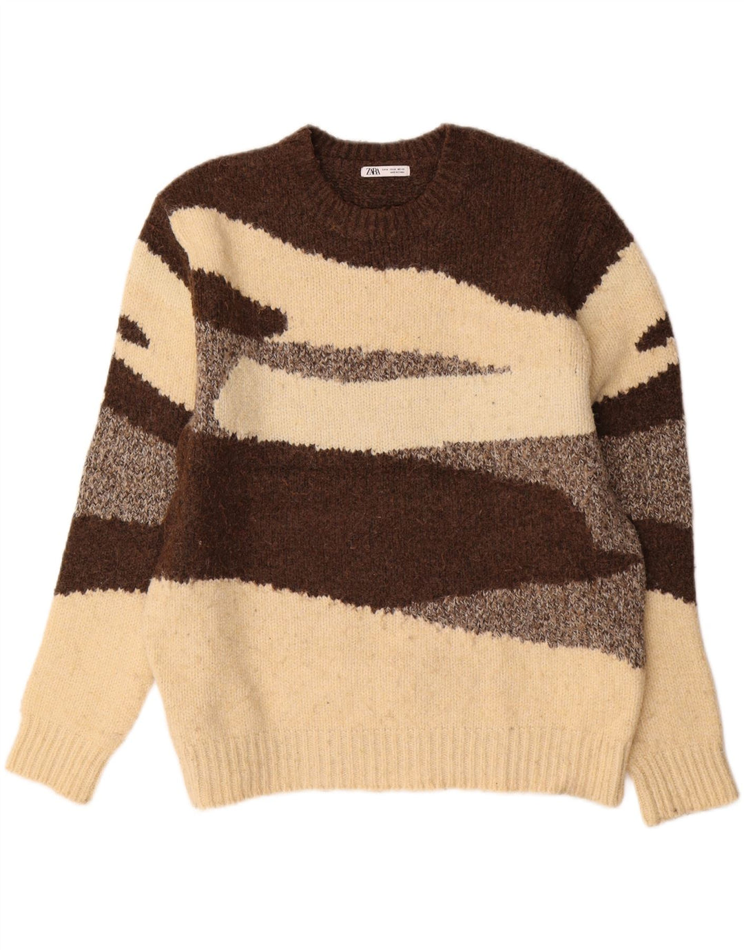 Zara Mens Crew Neck Jumper Sweater Medium Brown Colourblock Polyester