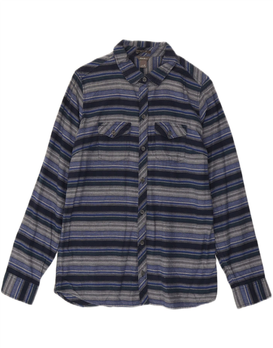 EDDIE BAUER Womens Flannel Shirt UK 14 Medium Navy Blue Striped