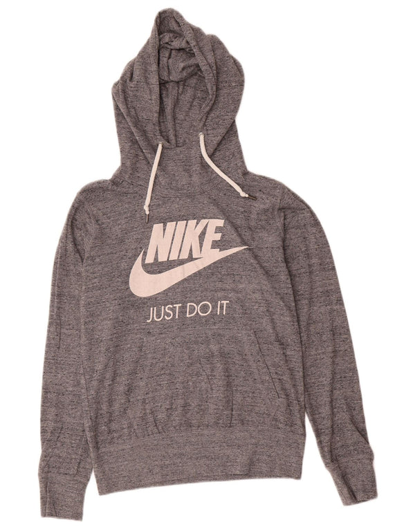 Nike Womens Graphic Hoodie Jumper UK 14 Medium Grey Flecked Cotton