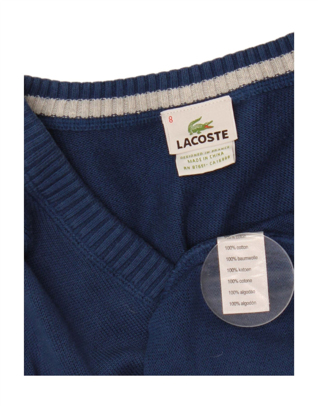 Lacoste Mens V-Neck Jumper Sweater Size 8 3XL Navy Blue Cotton