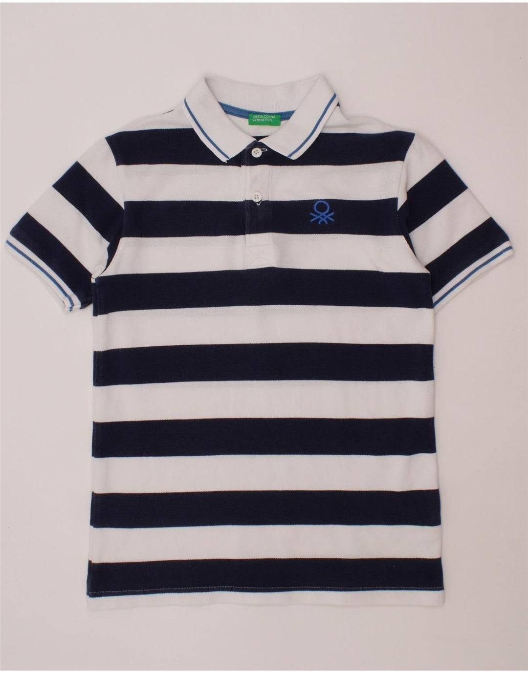 BENETTON Boys Polo Shirt 10-11 Years XL Navy Blue Striped Cotton