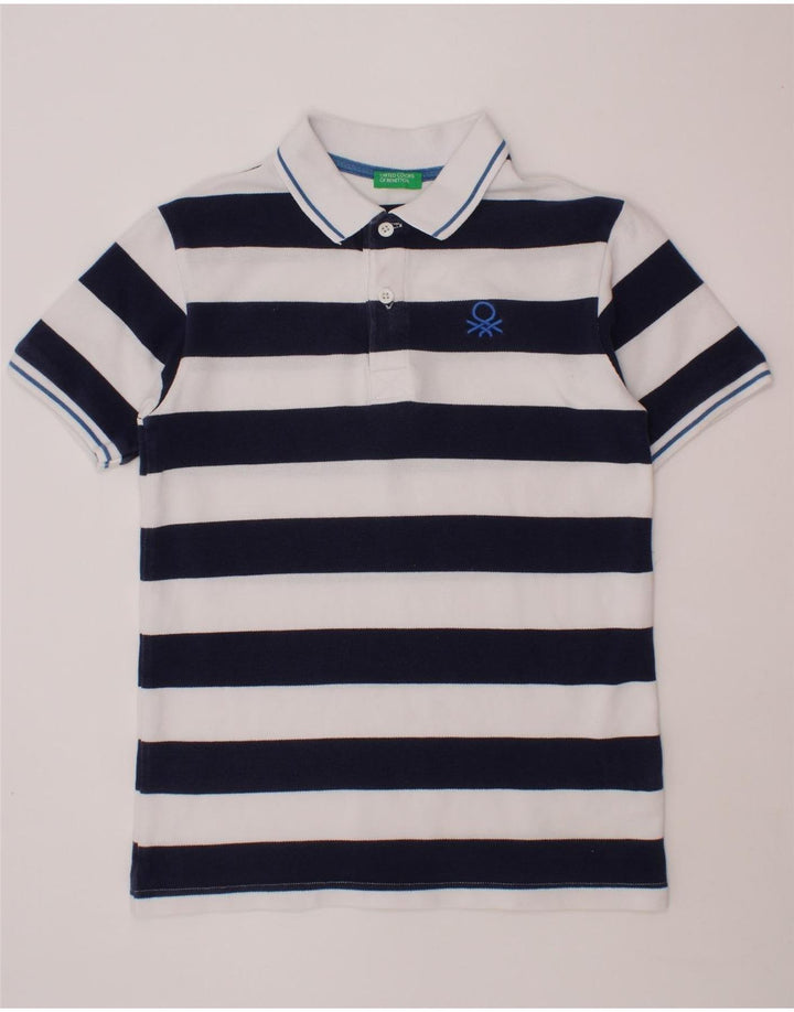 BENETTON Boys Polo Shirt 10-11 Years XL Navy Blue Striped Cotton