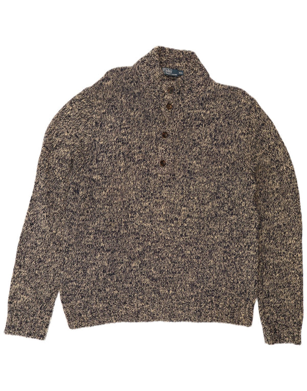 POLO RALPH LAUREN Mens Button Neck Jumper Sweater 2XL Grey Flecked Cotton