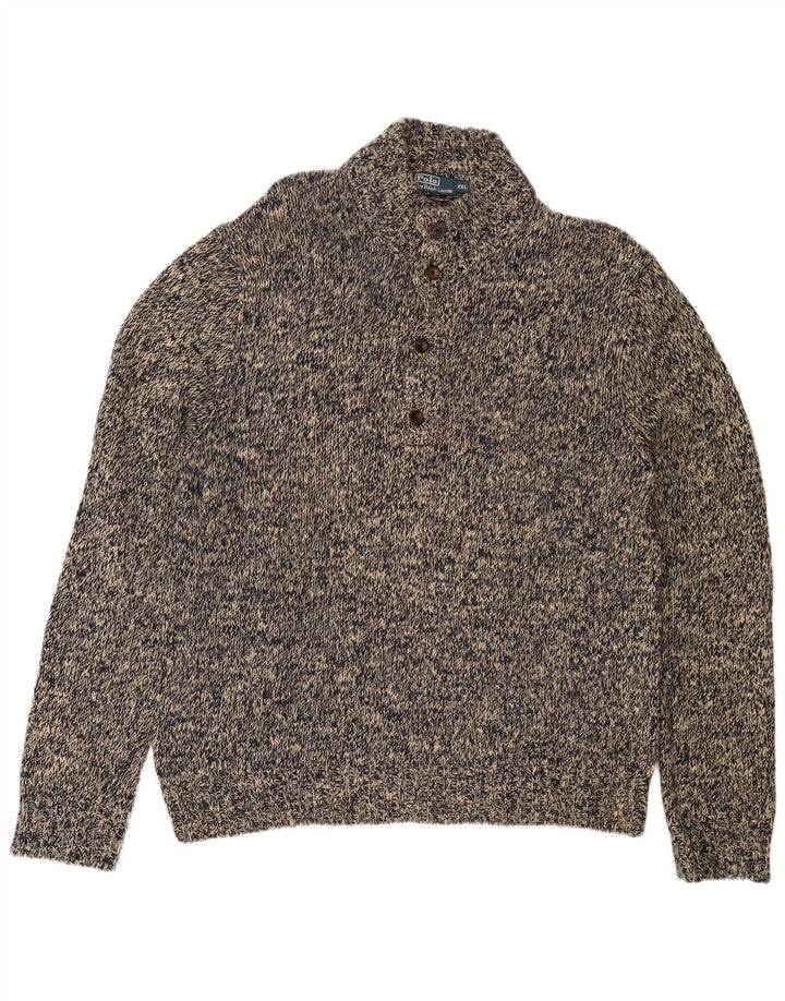 POLO RALPH LAUREN Mens Button Neck Jumper Sweater 2XL Grey Flecked Cotton