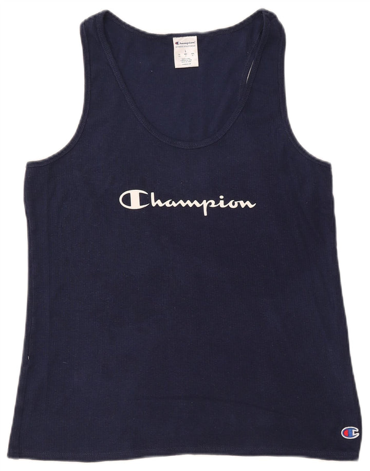 CHAMPION Womens Graphic Vest Top UK 14 Large Navy Blue Cotton