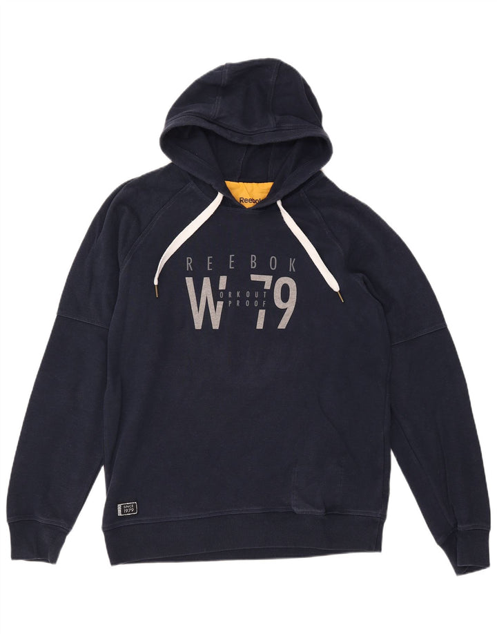REEBOK Mens Graphic Hoodie Jumper Large Navy Blue Cotton