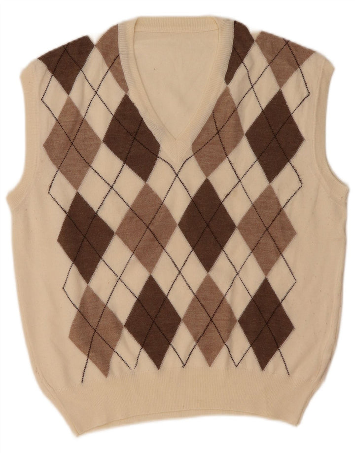 VINTAGE Mens Vest Tank Top Medium White Argyle/Diamond Wool