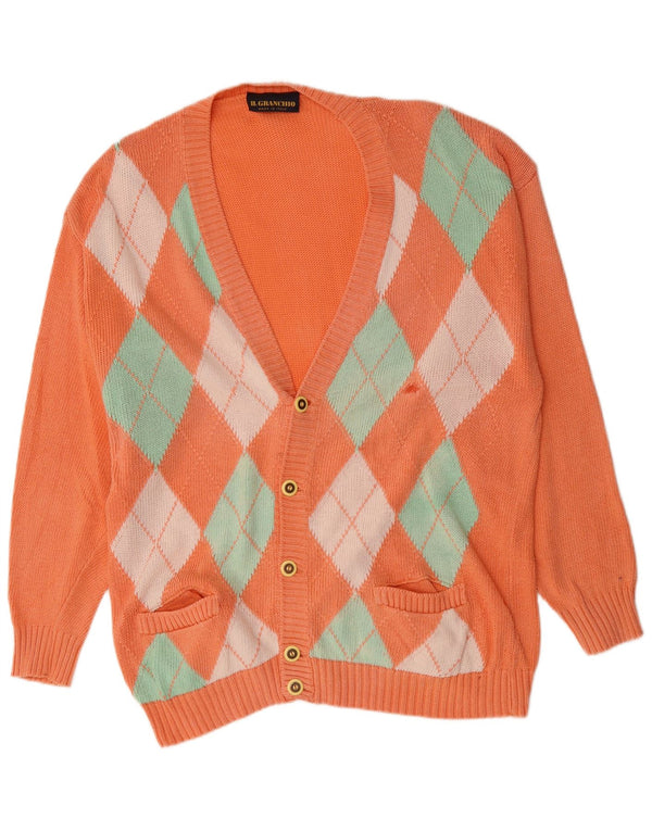IL GRANCHIO Mens Cardigan Sweater Large Orange Argyle/Diamond