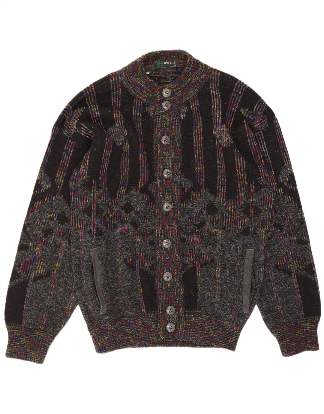 Tris Line Mens Cardigan Sweater IT 50 Medium Multicoloured Geometric Wool