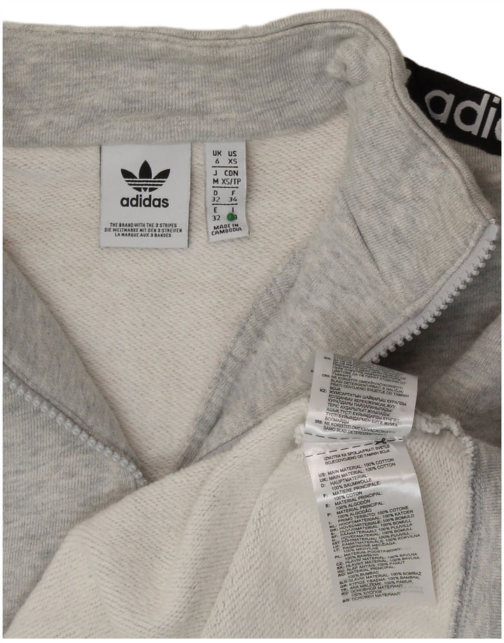 ADIDAS Womens Crop Graphic Zip Neck Sweatshirt Jumper UK 6 XS Grey Cotton