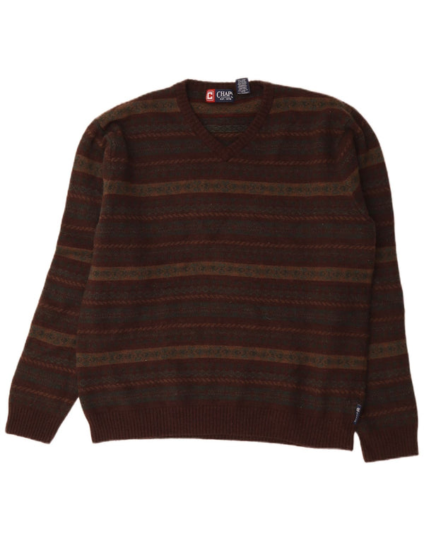 Chaps Mens V-Neck Jumper Sweater Large Multicoloured Fair Isle Lambswool