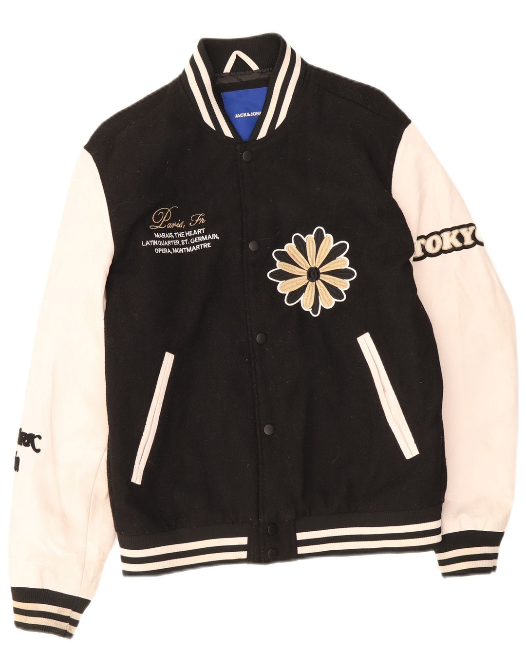 Jack & Jones Mens Graphic Varsity Jacket UK 38 Medium Black Colourblock