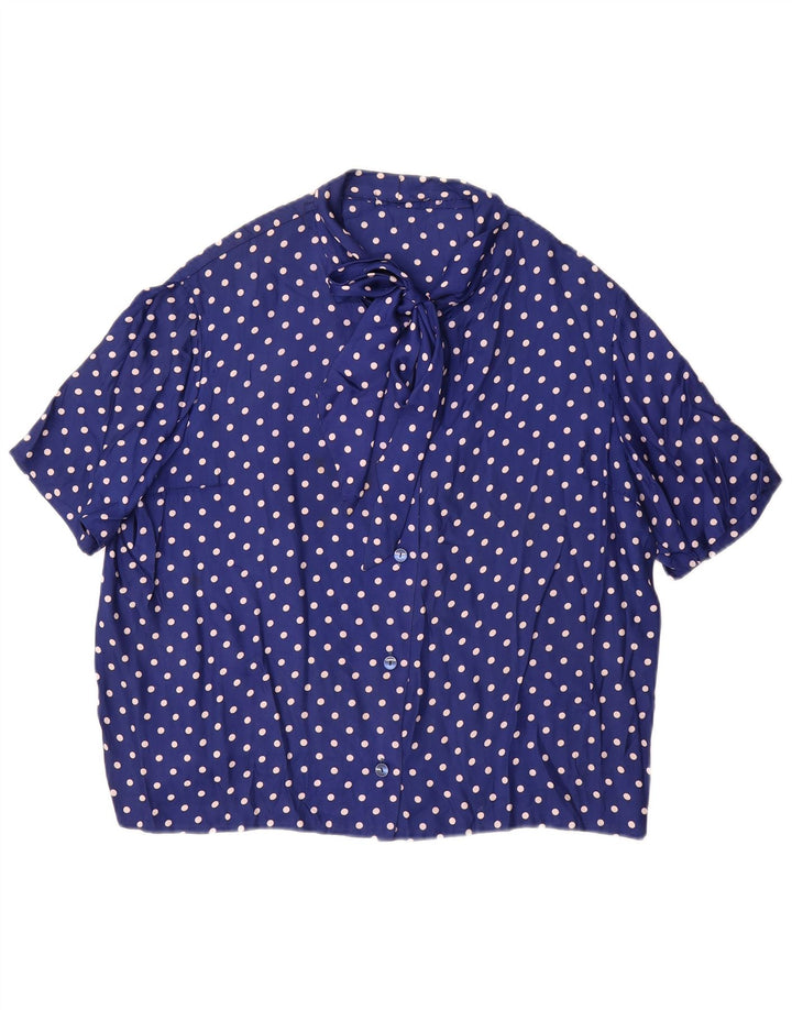 VINTAGE Womens Short Sleeve Shirt Blouse UK 14 Large Navy Blue Polka Dot