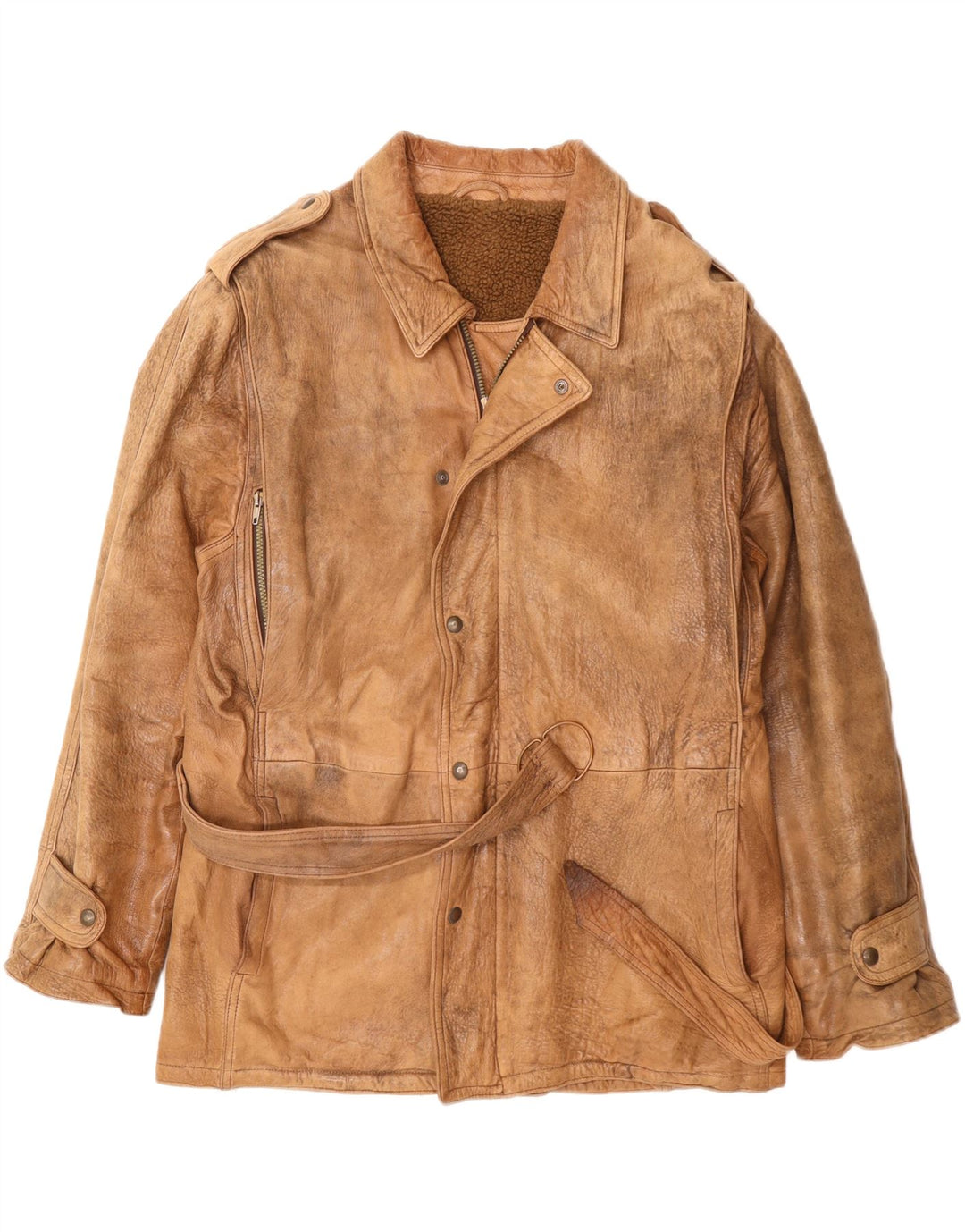 VINTAGE Mens Military Leather Jacket UK 42 XL Beige