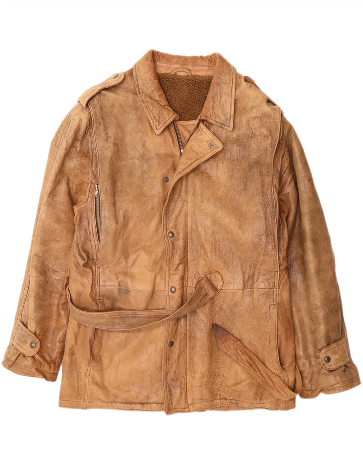 VINTAGE Mens Military Leather Jacket UK 42 XL Beige