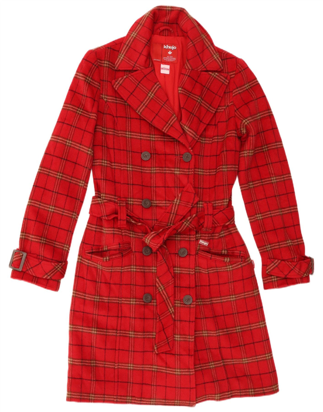KHUJO Womens Double Breasted Coat UK 12 Medium Red Check Wool