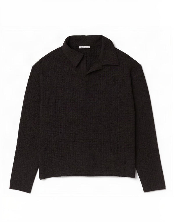 Zara Mens Long Sleeve Polo Shirt Small Black Polyester