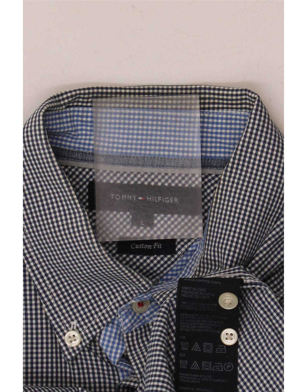 Tommy Hilfiger Mens Custom Fit Shirt Large Blue Gingham Cotton