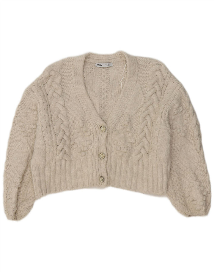 Zara Womens Crop Oversized Cardigan Sweater UK 14 Medium White Acrylic