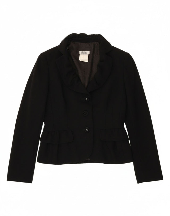 MOSCHINO Womens Crop 3 Button Blazer Jacket UK 10 Small Black Wool Classic
