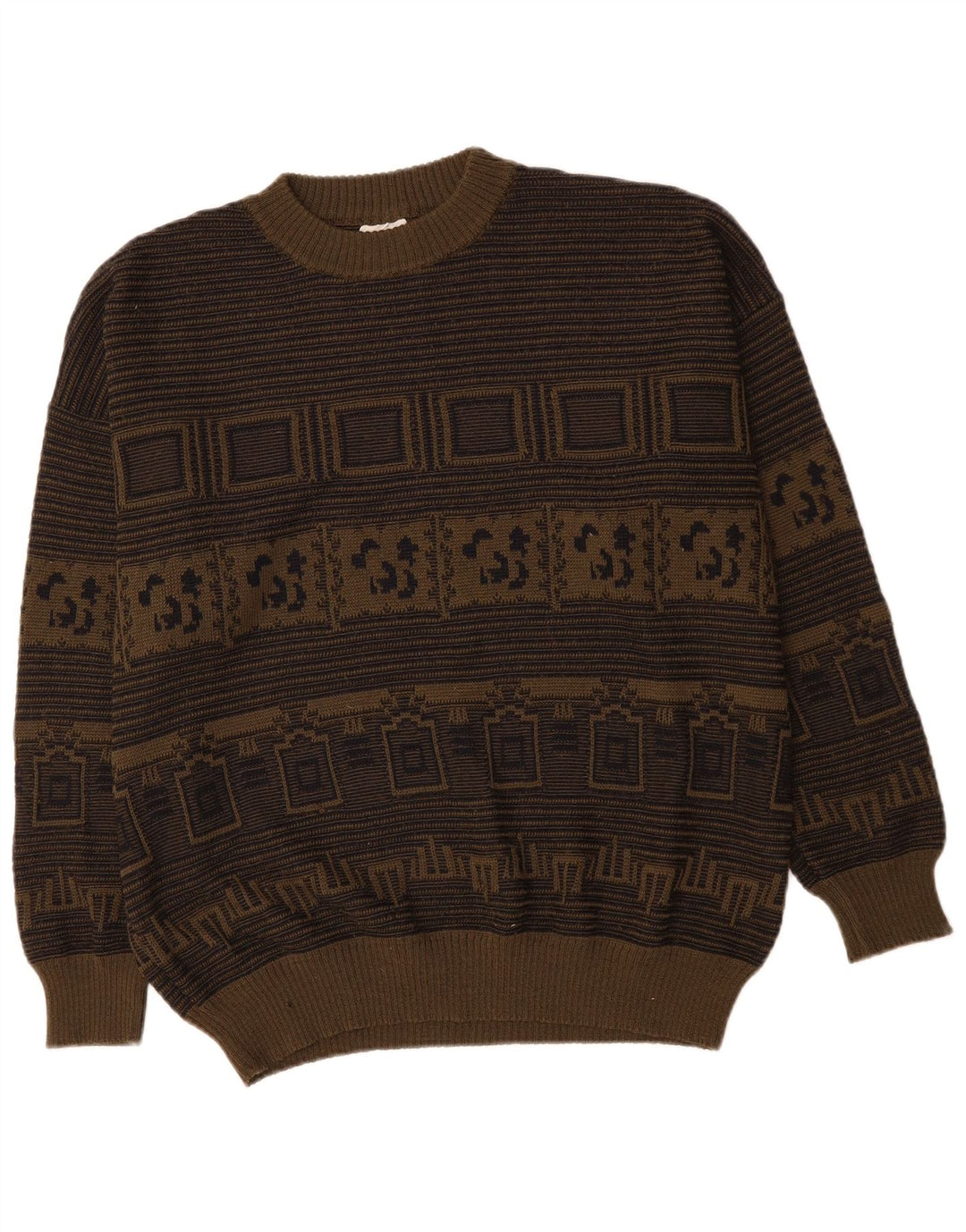 VINTAGE Mens Crew Neck Jumper Sweater XL Khaki Geometric