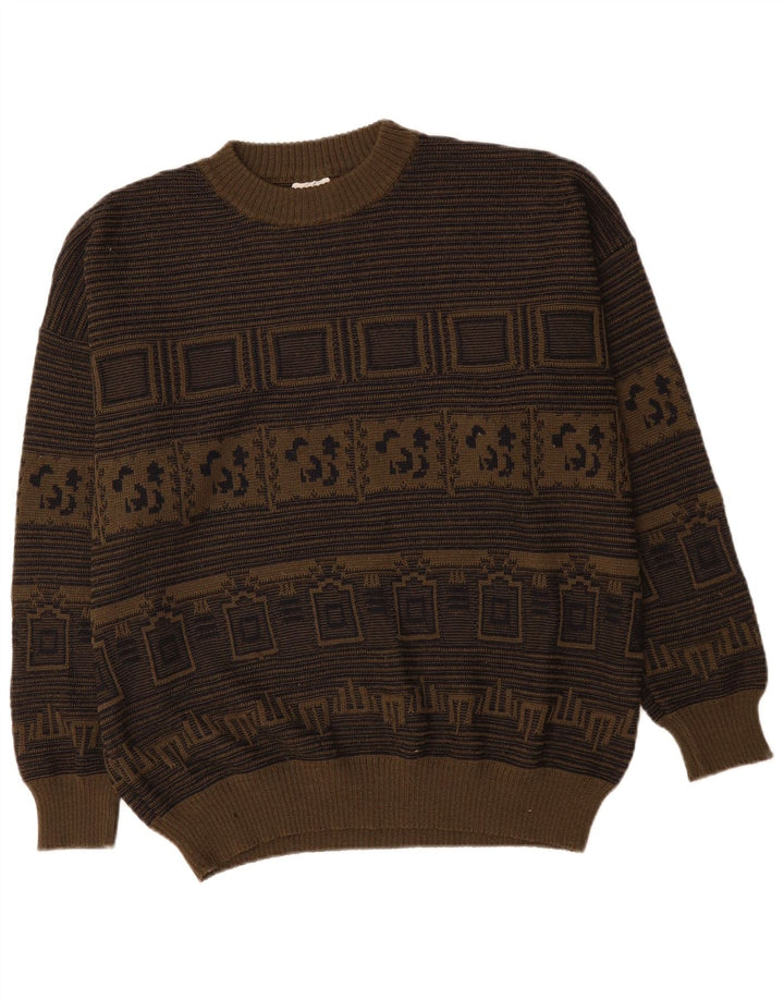 VINTAGE Mens Crew Neck Jumper Sweater XL Khaki Geometric