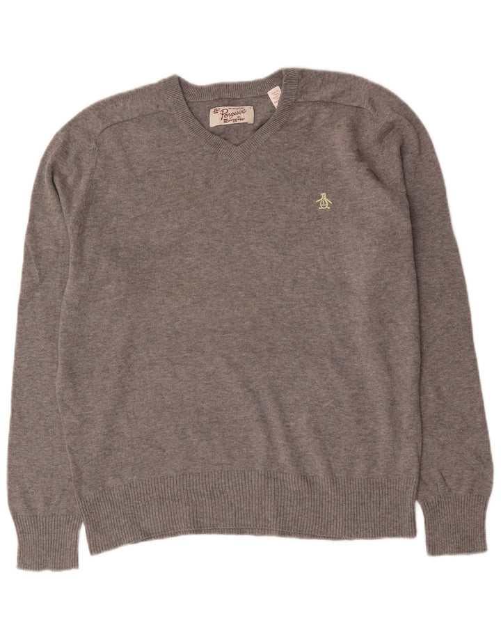 Penguin Mens V-Neck Jumper Sweater Large Grey