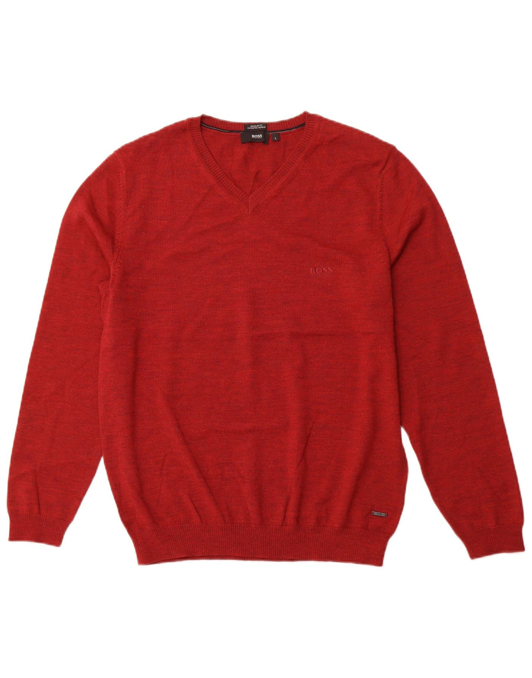 HUGO BOSS Mens Regular Fit V-Neck Jumper Sweater Large Red Virgin Wool