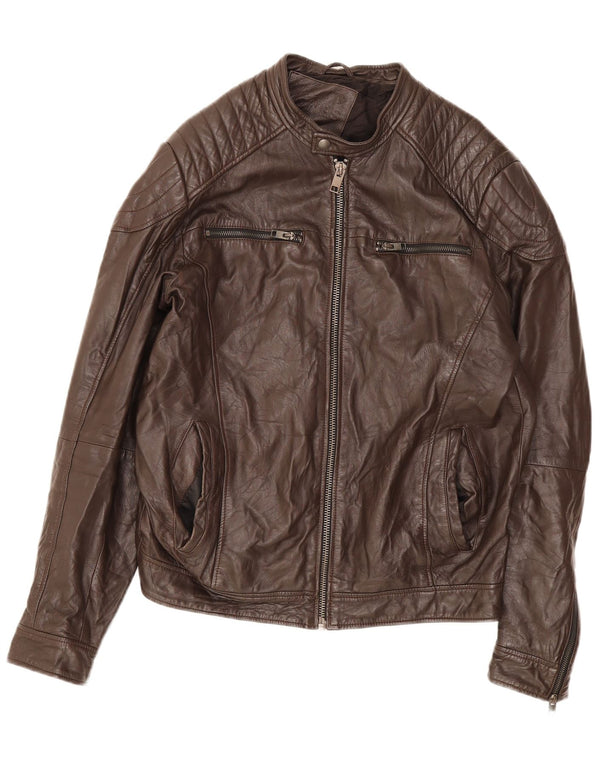 Jack & Jones Mens Leather Jacket UK 40 Large Brown