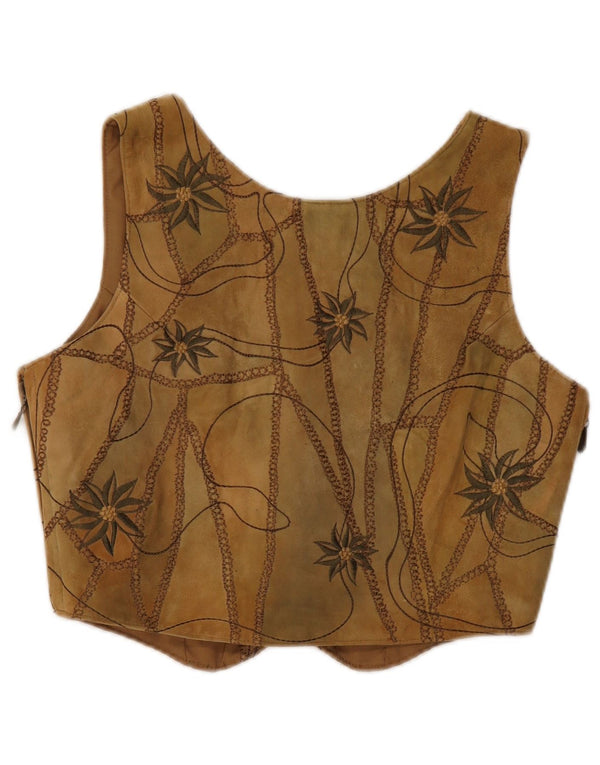 VINTAGE Womens Suede Waistcoat EU 38 Medium Brown Floral Leather