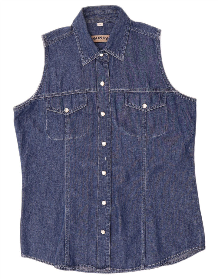 EMONITE Womens Sleeveless Denim Shirt UK 14 Medium Blue Cotton