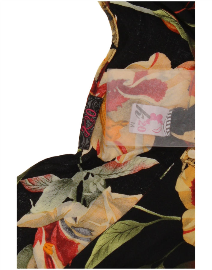 VINTAGE Womens Crop Shirt Blouse UK 12 Medium Black Floral Viscose