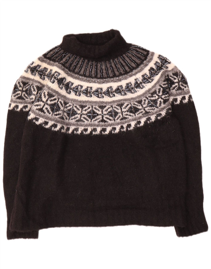 Zara Womens Roll Neck Jumper Sweater UK 14 Medium Black Fair Isle Polyamide