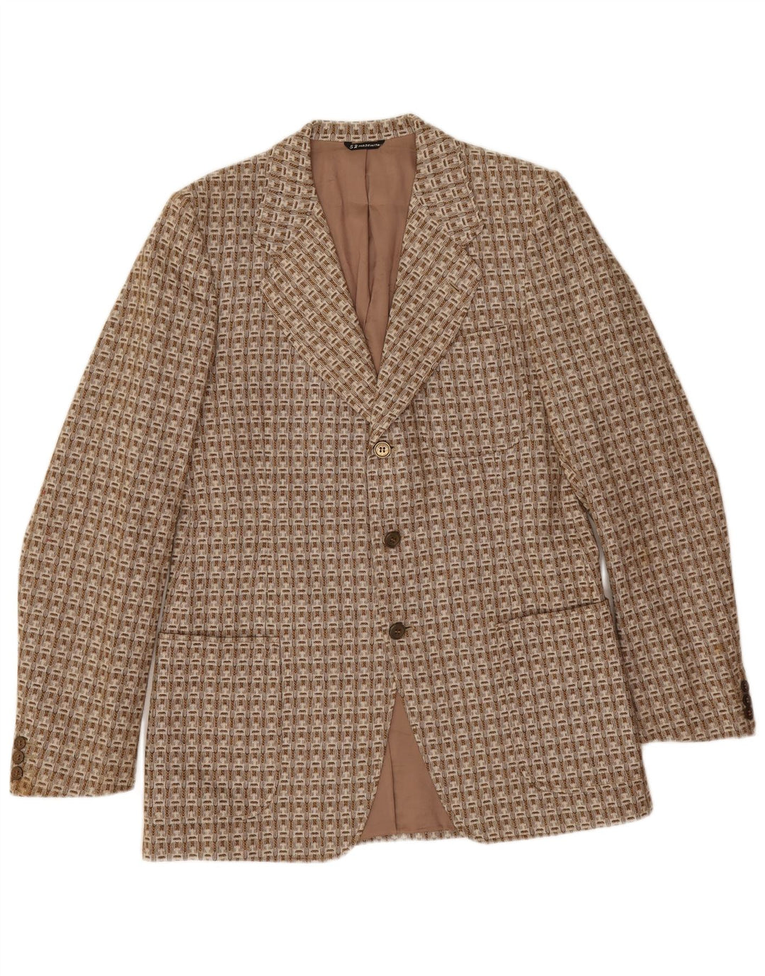 Vintage Mens 3 Button Blazer Jacket IT 52 XL Brown Geometric Wool