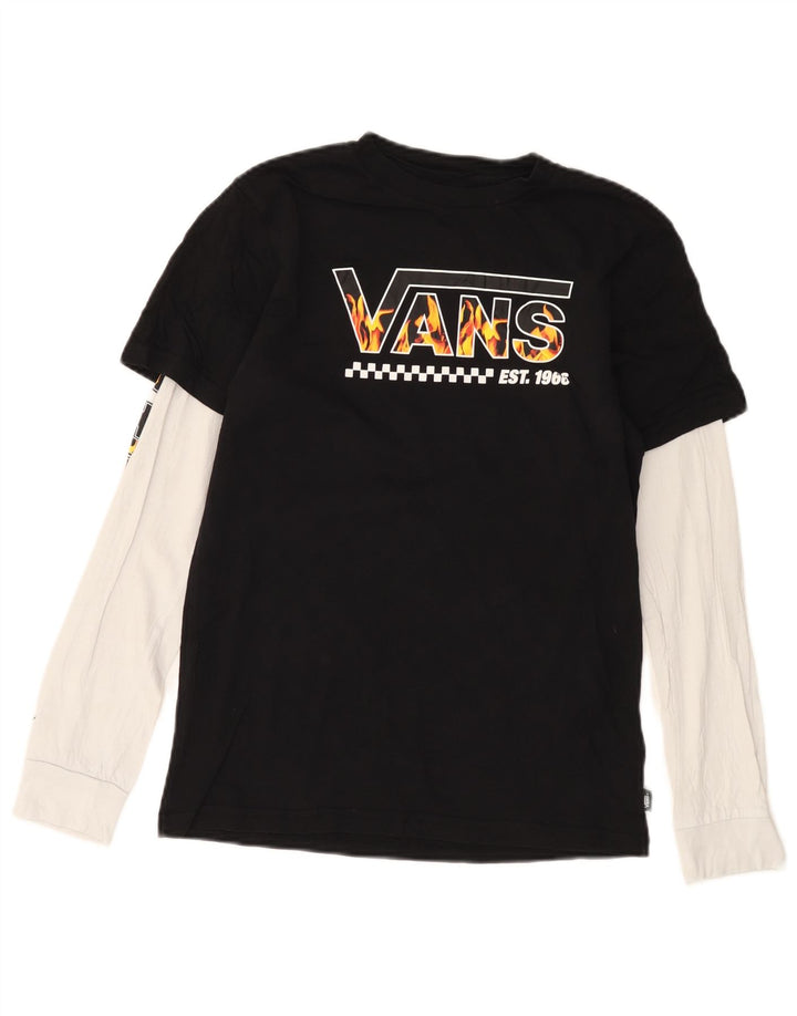 VANS Boys Graphic Top Long Sleeve 13-14 Years XL Black Colourblock