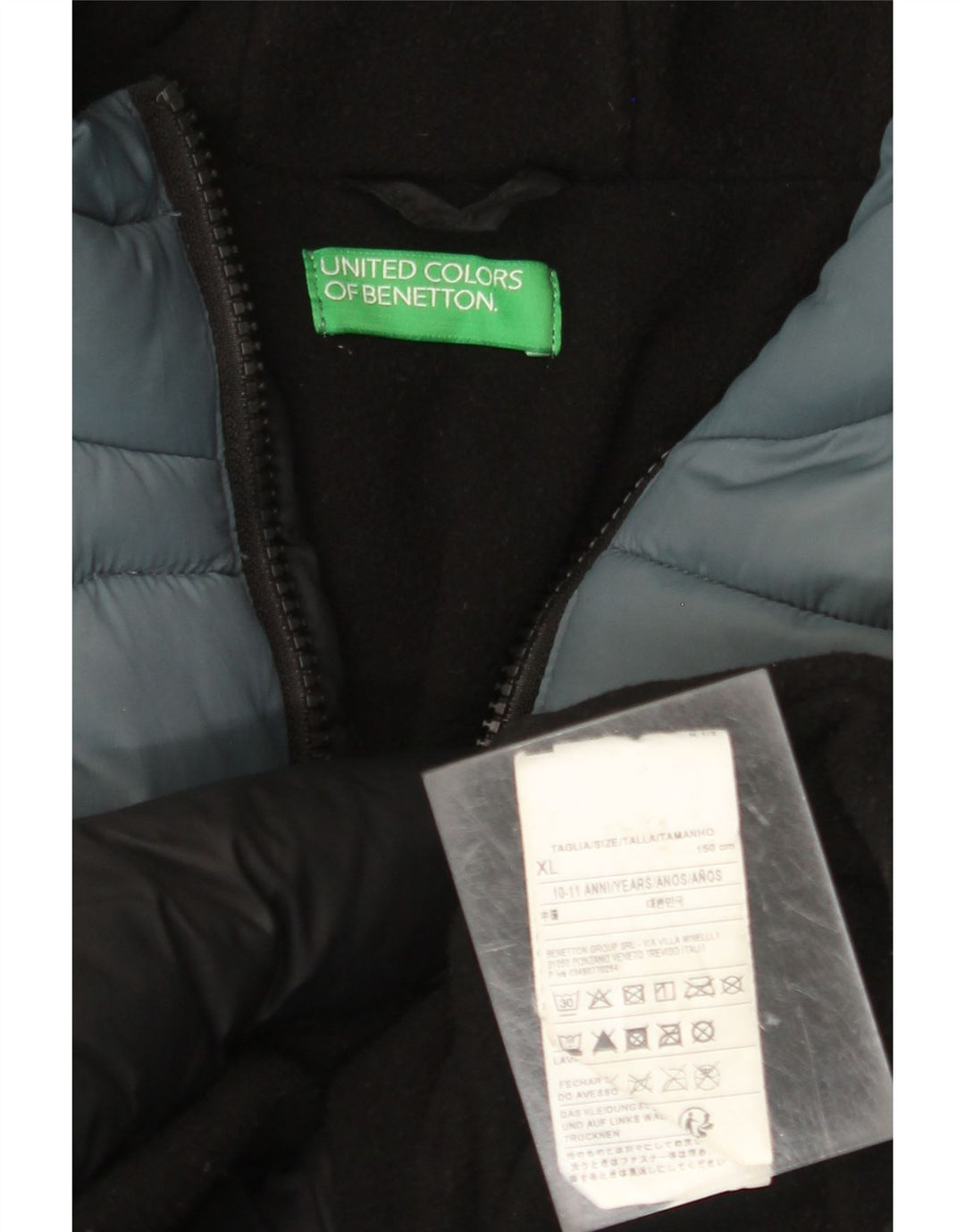 BENETTON Boys Graphic Padded Jacket 10-11 Years XL Black Colourblock