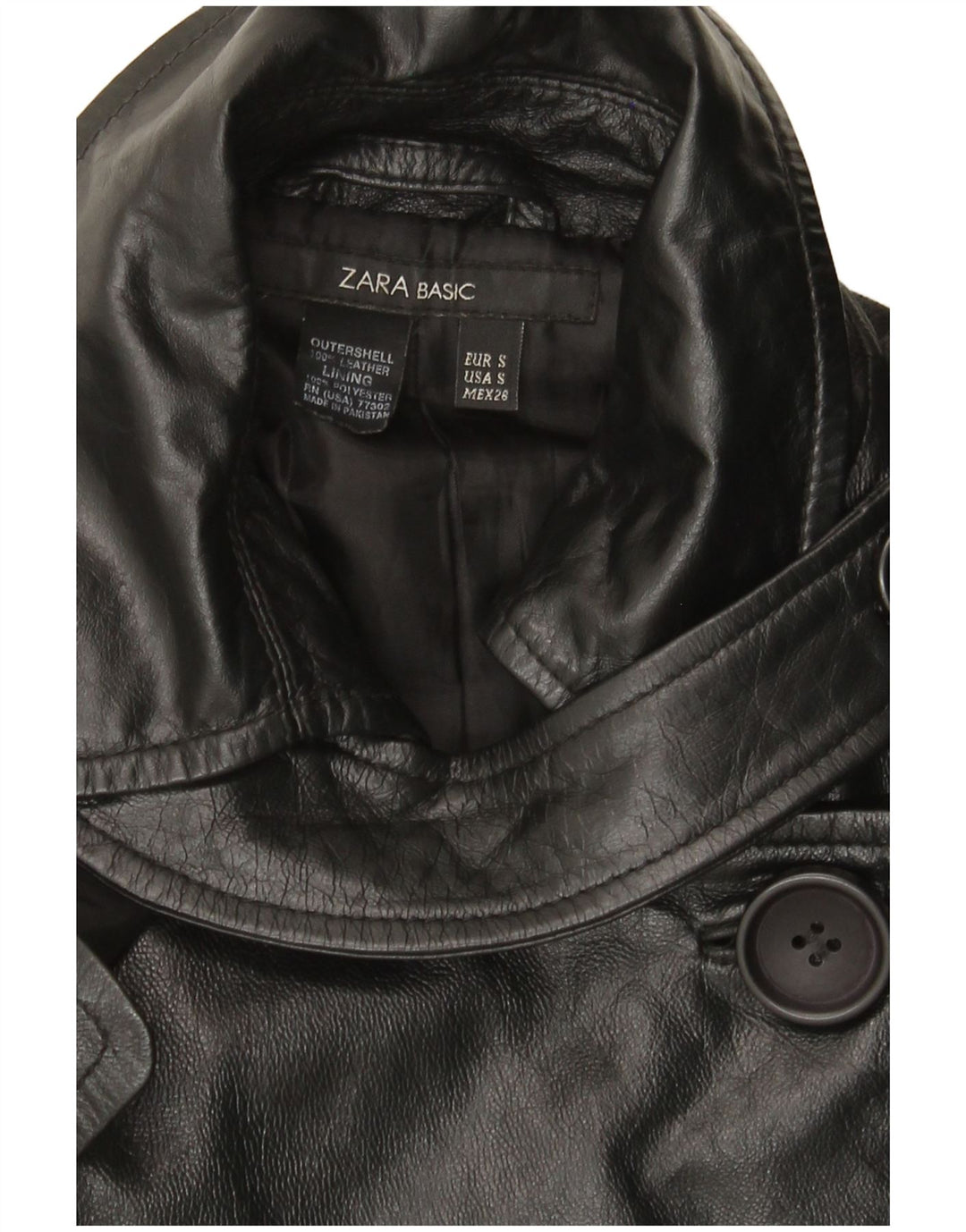 Zara Womens Military Leather Coat UK 10 Small Black Leather