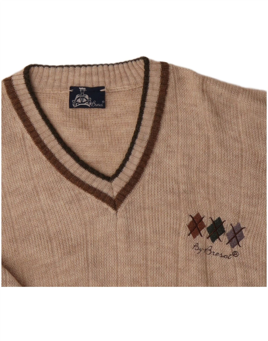 BRESCI Mens V-Neck Jumper Sweater XL Beige Acrylic