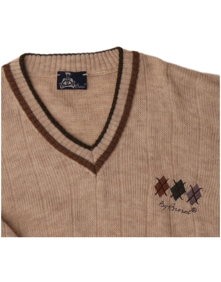 BRESCI Mens V-Neck Jumper Sweater XL Beige Acrylic