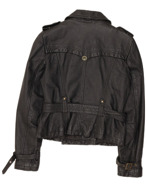 SPECCHIO Womens Crop Military Leather Jacket UK 12 Medium Black Leather